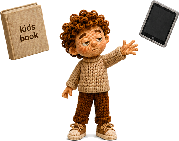 A child comparing a plain kids book and a tablet.