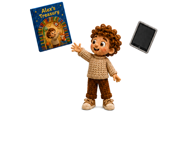 A child happily choosing their personalized Treasury over a tablet.